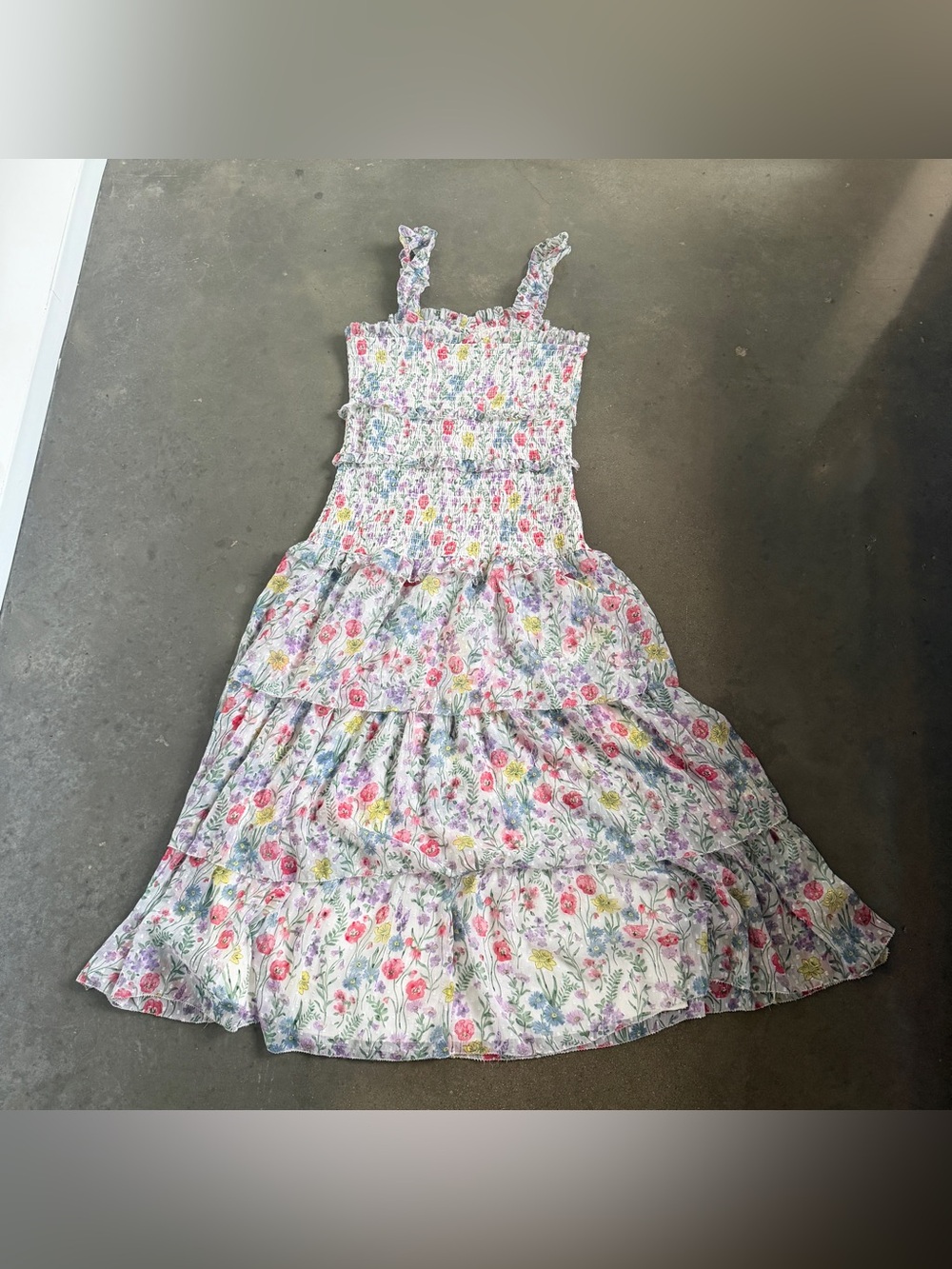 SAYLOR Floral Smocked Tiered Dress White Pink & Yellow Floral Ruffle Small - Picture 11 of 14